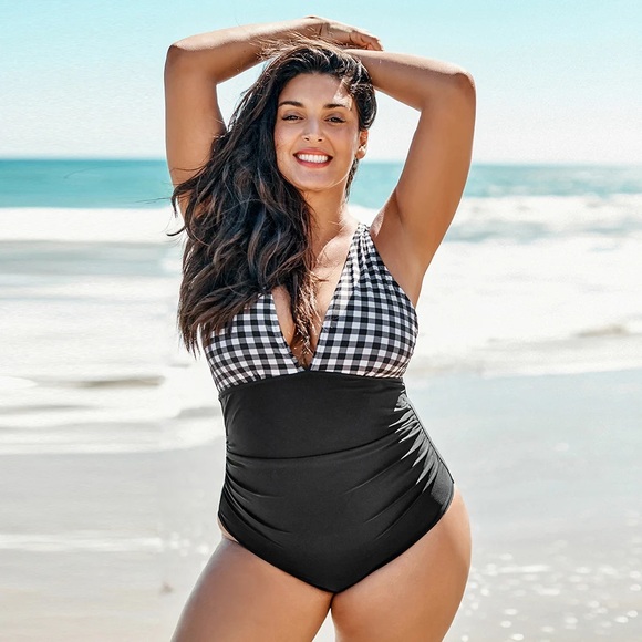 Women One Piece Swimsuit Tummy Control Bathing Suit Black-White Gingham Ruched - Picture 1 of 3
